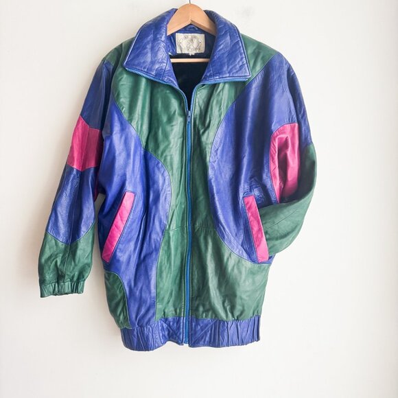 Pano Sereti Multicolor Green Blue Pink Bomber Jacket w Sheared Rabbit Liner S - Picture 3 of 8